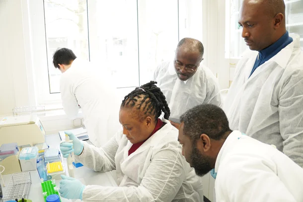 [Translate to English:] Dr. Solomon Owusu Sekyere (rechts unten) führt die Schulungsteilnehmenden durch einen Test zur Überprüfung der Wirksamkeit von Impfstoffen. Praktische Schulungen bei der Gastbehörde bieten den Partnern eine wertvolle Vorlage für die Umsetzung.