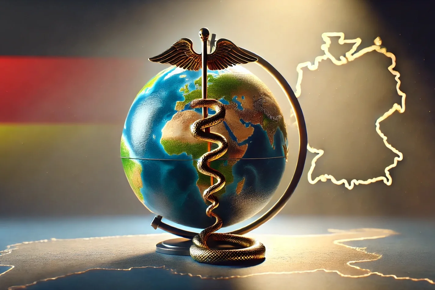 Eine Weltkugel umwunden von einem Äskulapstab. Im Hintergrund der Umriss einer Deutschlandkarte.