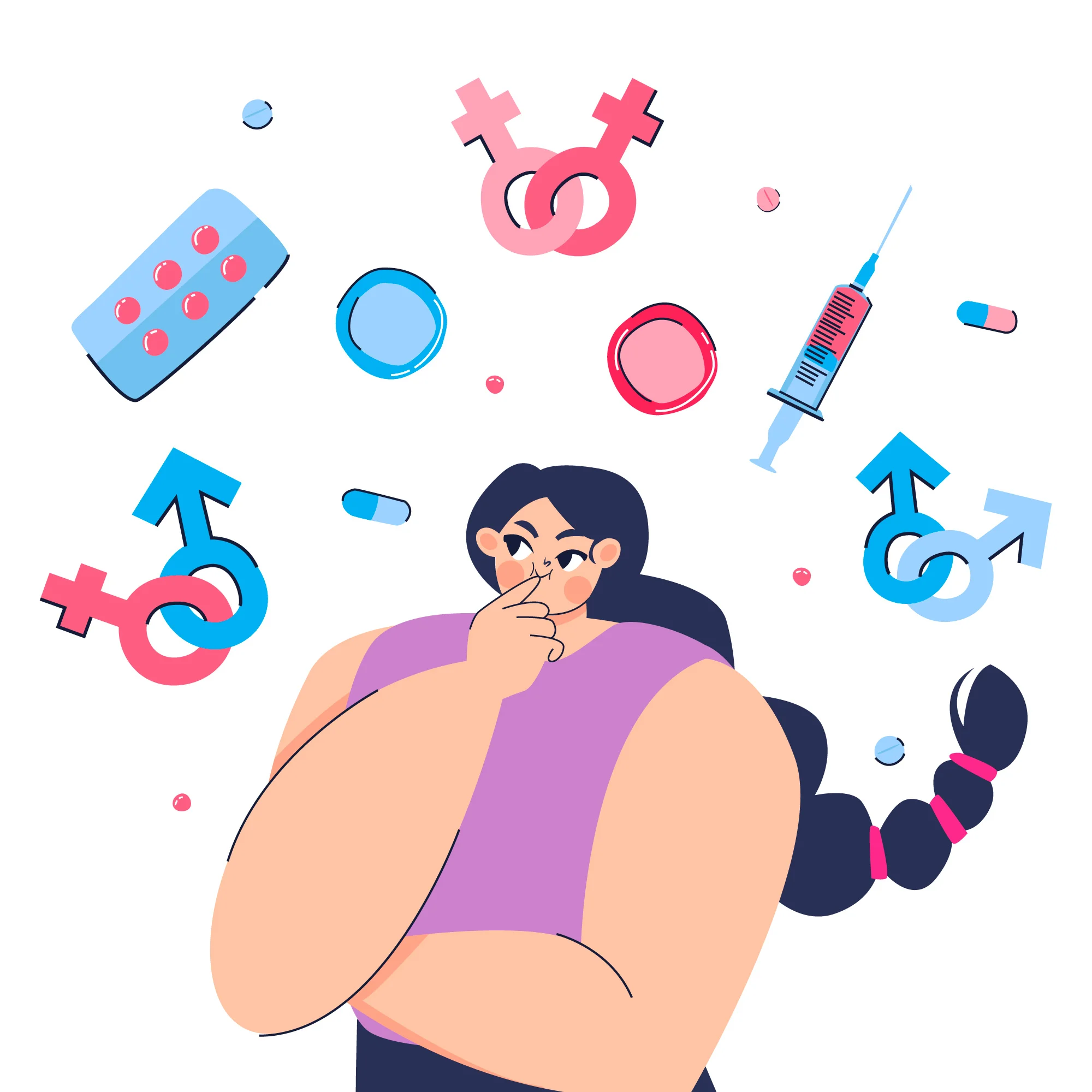 Frau mit Symbolen zu sexueller und reproduktiver Gesundheit