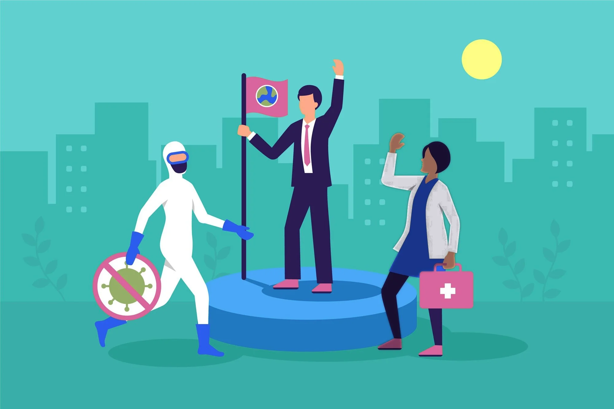 Illustration drei Personen, Flagge mit Weltkugel, Virus und Medizinkoffer