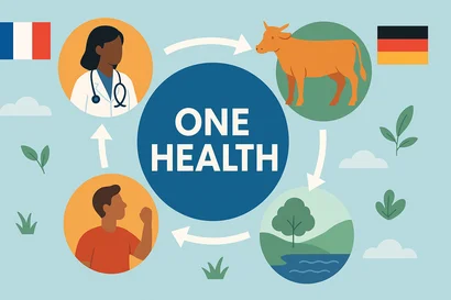 Illustration Flaggen Frankreich und Deutschland, Kreise mit Person, Ärztin, Kuh und Landschaft. In der Mitte steht "One Health"