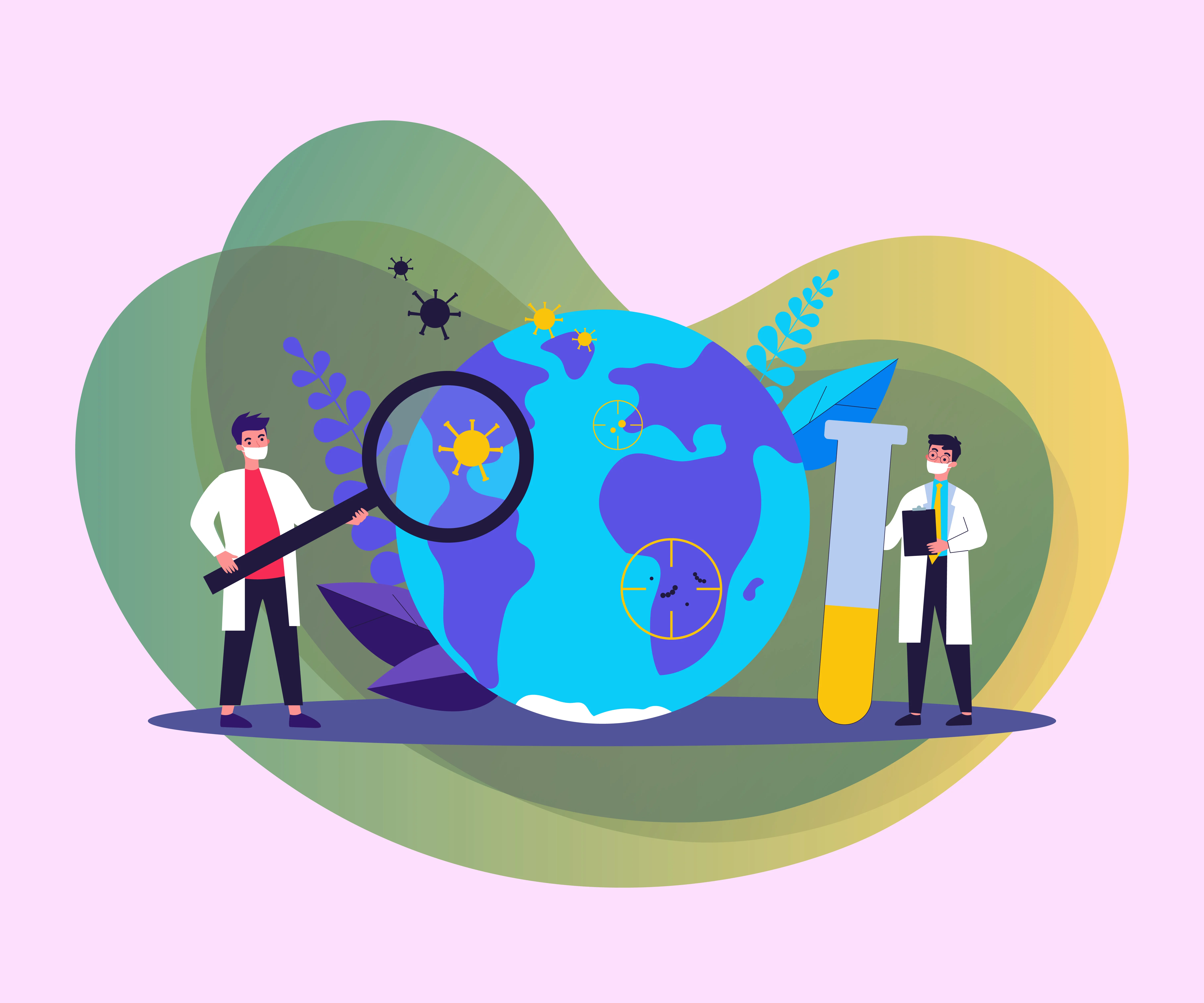 [Translate to English:] Illustration Doktoren untersuchen Viren auf der Welt