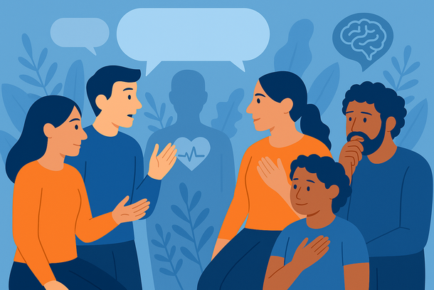 [Translate to English:] Illustration showing a diverse group of people engaged in conversation, symbolizing collaboration on mental and physical health. The background features soft blue tones with plant motifs, speech bubbles, and a heart with an ECG line, representing connection, care, and wellbeing