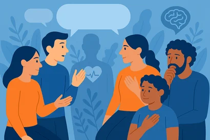 Illustration showing a diverse group of people engaged in conversation, symbolizing collaboration on mental and physical health. The background features soft blue tones with plant motifs, speech bubbles, and a heart with an ECG line, representing connection, care, and wellbeing