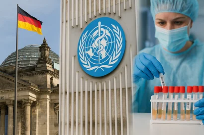 Der Bundestag, das WHO-Emblem und eine Wissenschaftlerin im Labor – sie symbolisieren Deutschlands Rolle in globaler Gesundheit und Pandemievorbereitung.