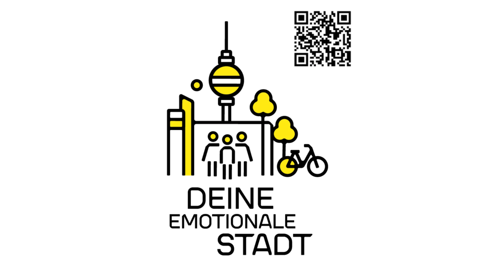 Illustration einer Stadt mit Text "Deine emotionale Stadt"
